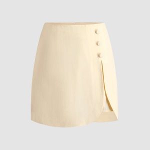Very Light Yellow Button Slit Mini Skirt
